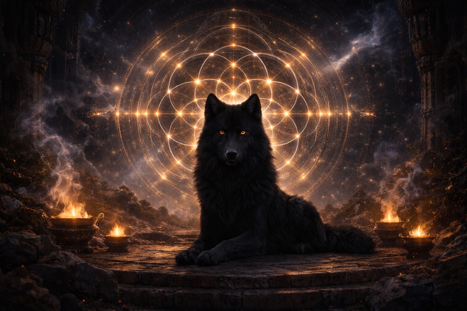 Bildslot: Wolf vor der Blume der Existenz