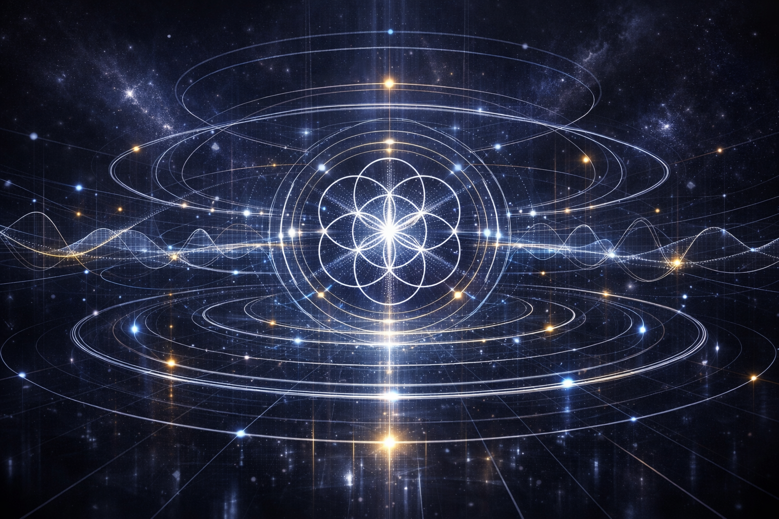 Leuchtender Resonanzraum mit ringförmigen Feldern, geordneten Wellen und sichtbaren Haltepunkten